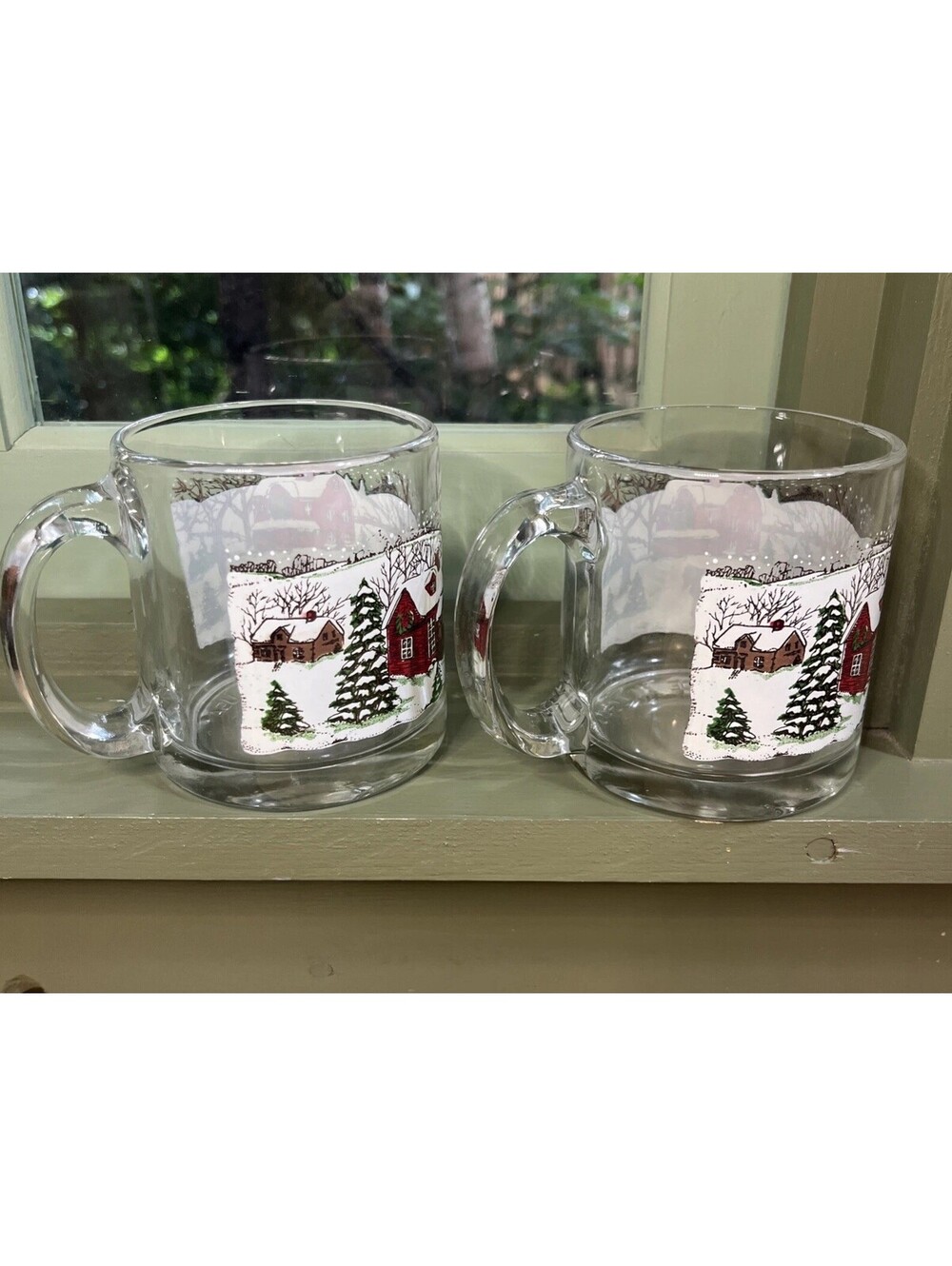 Vintage Libby Glass Christmas Winter Village Snow Scene Coffee Mug Cup Set Of 2